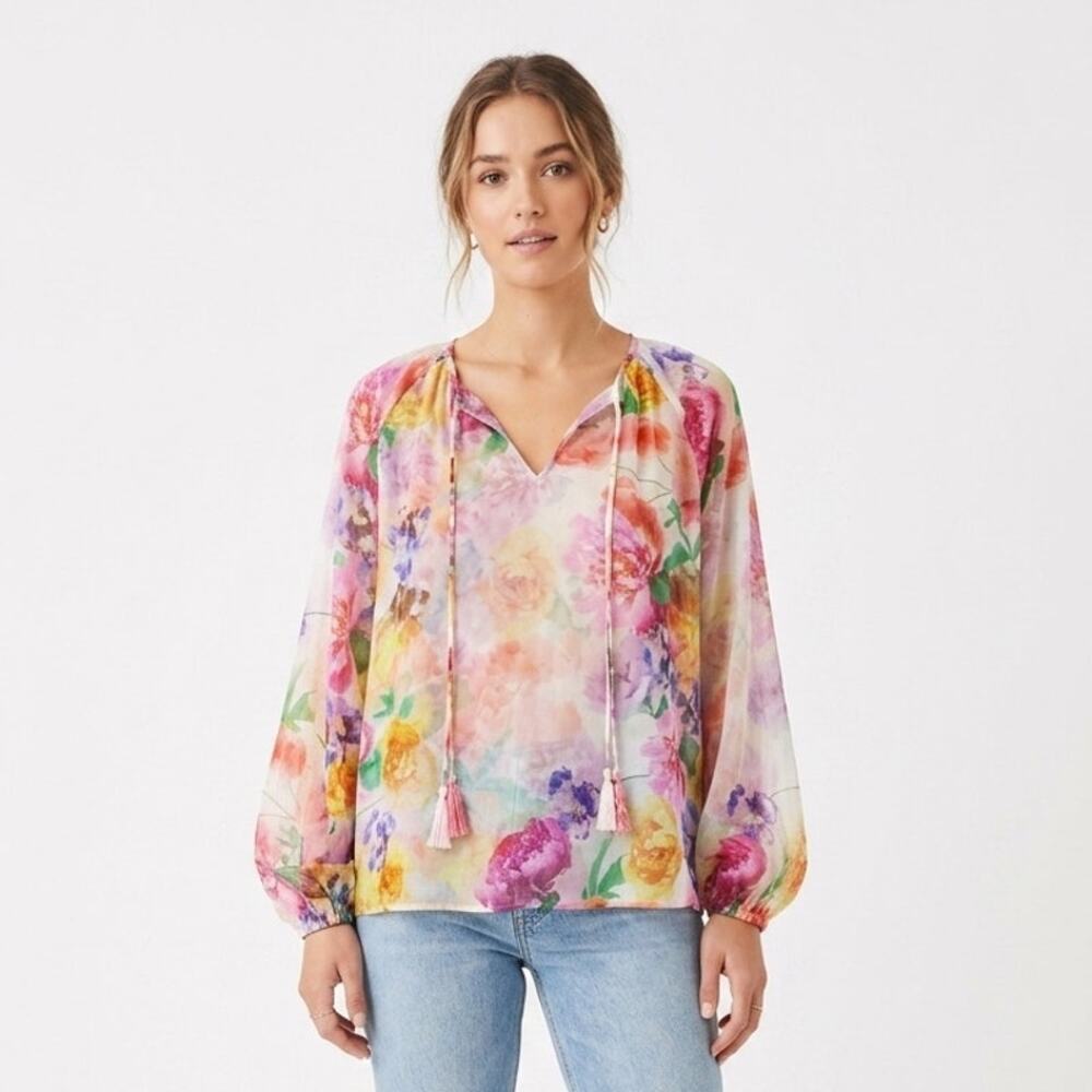 Johnny Was JADE Peasant Blouse Top Womens L Multicolor Silk Floral Watercolor